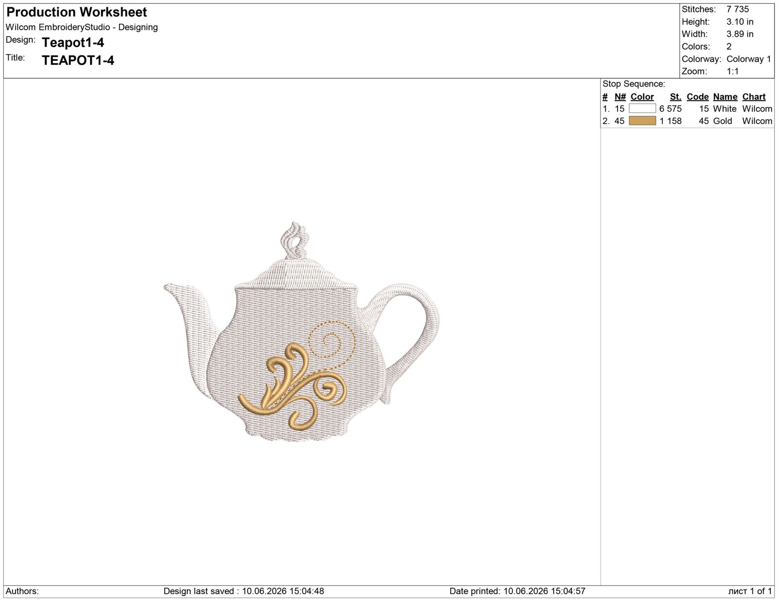 Teapot Embroidery design