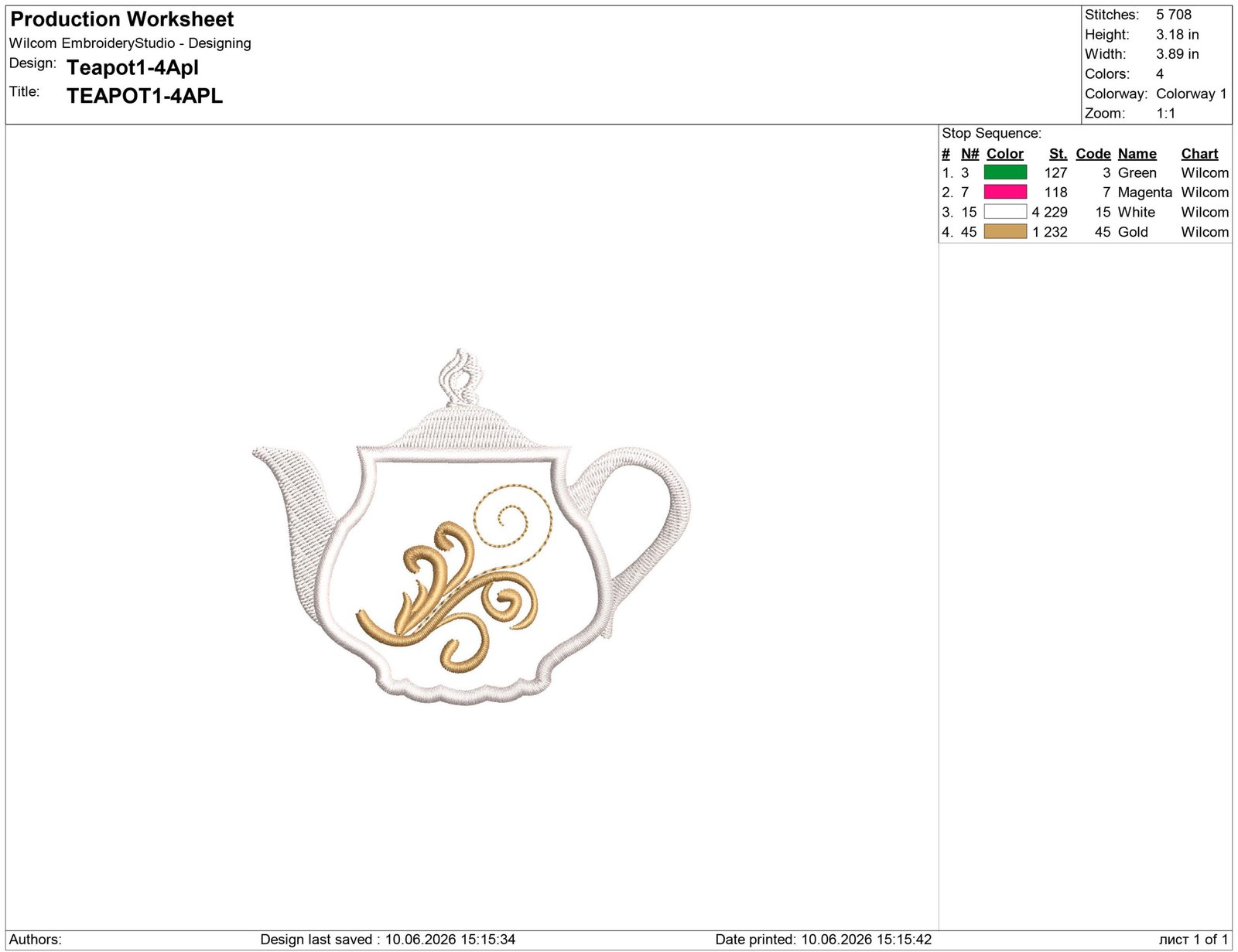 Teapot Applique Embroidery design