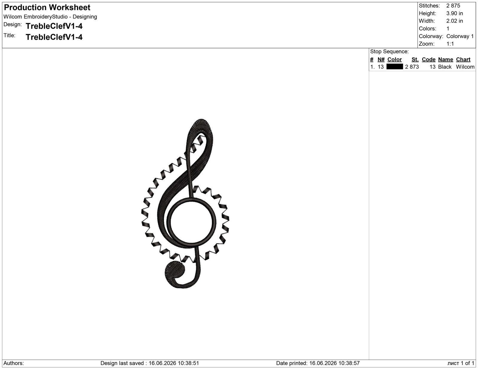 Treble Clef Embroidery Design