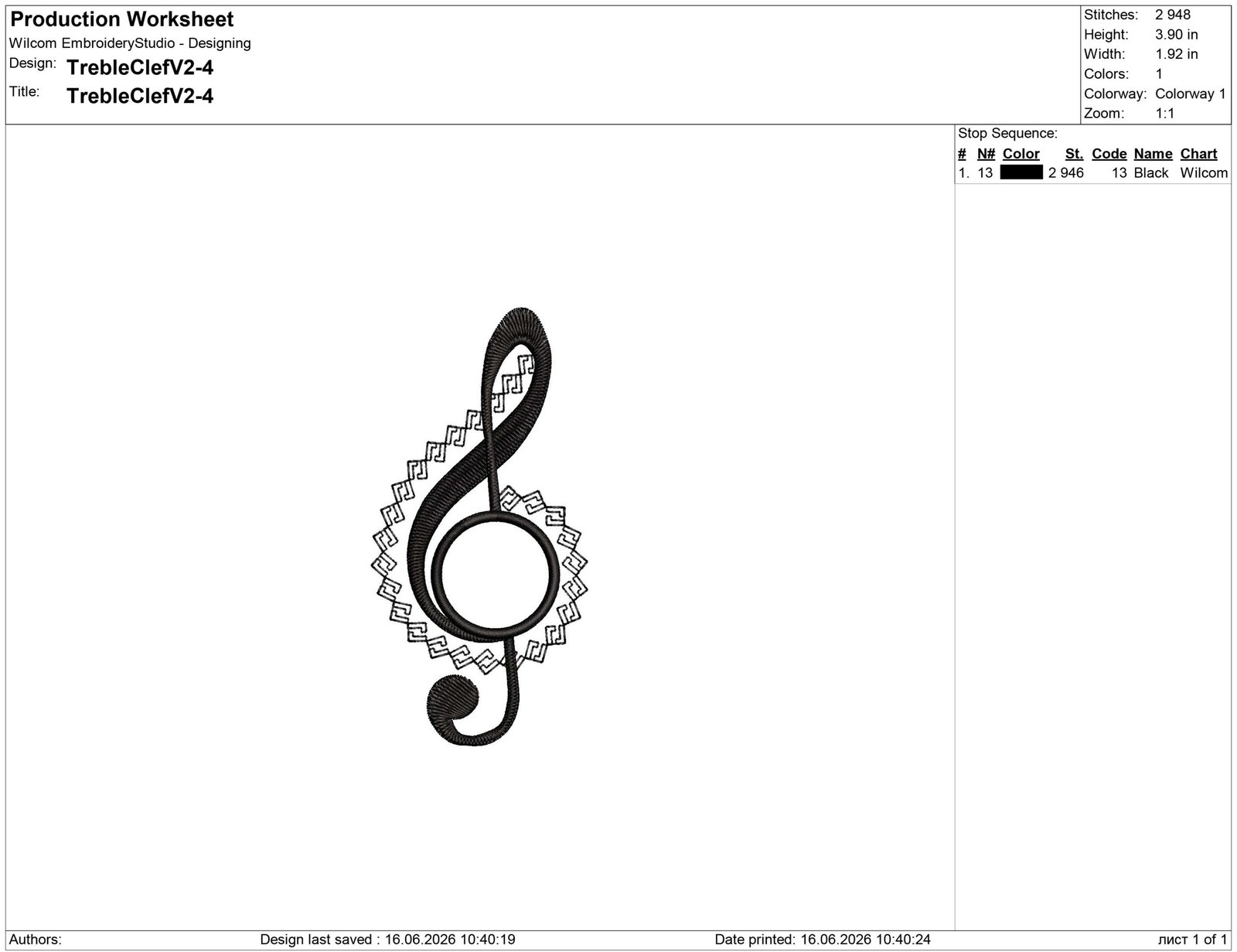 Treble Clef Embroidery Design