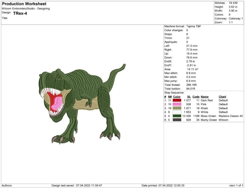T-Rex Dinosaur Embroidery design