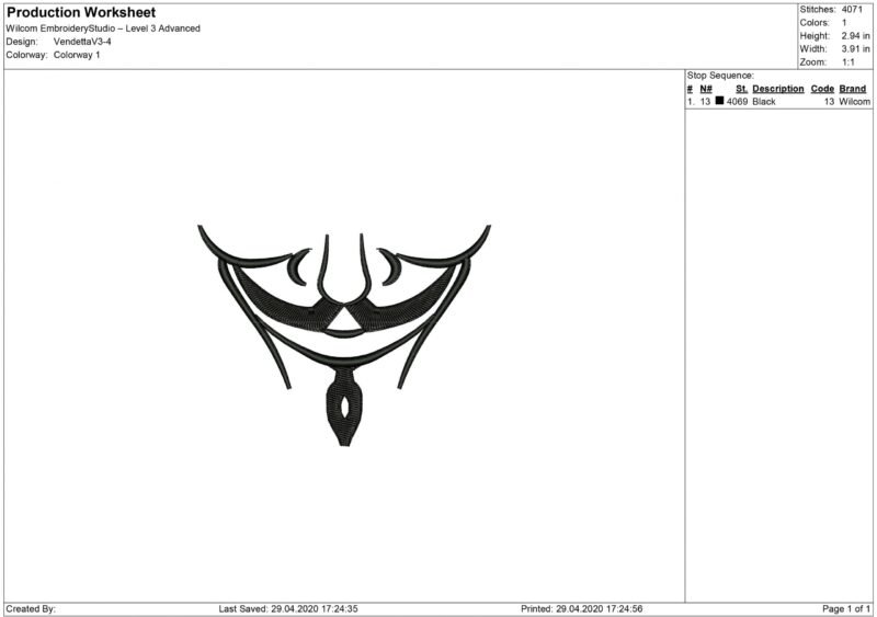 Guy Fawkes Vendetta mask for Mouth mask Embroidery design