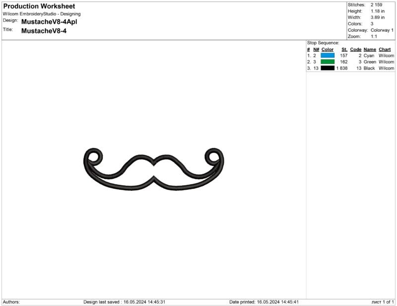 Mustache applique embroidery design