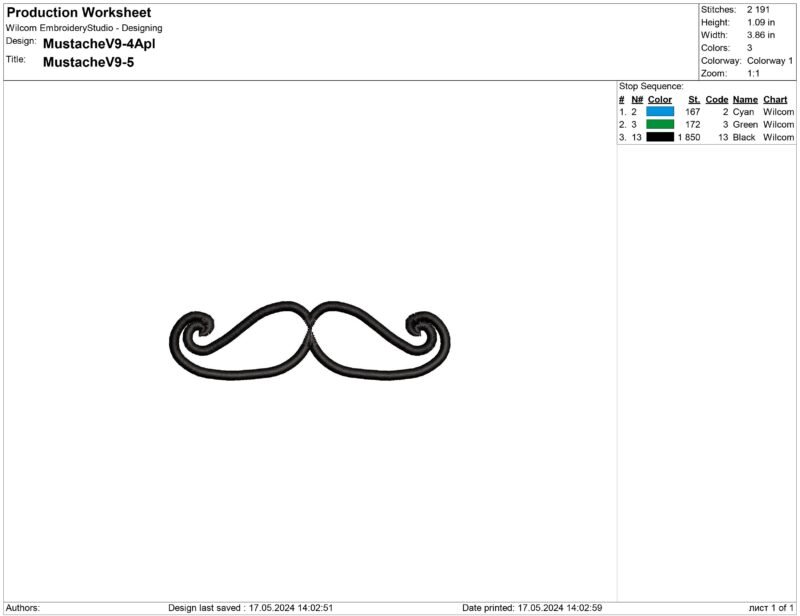 The Connoisseur Mustache applique Embroidery design