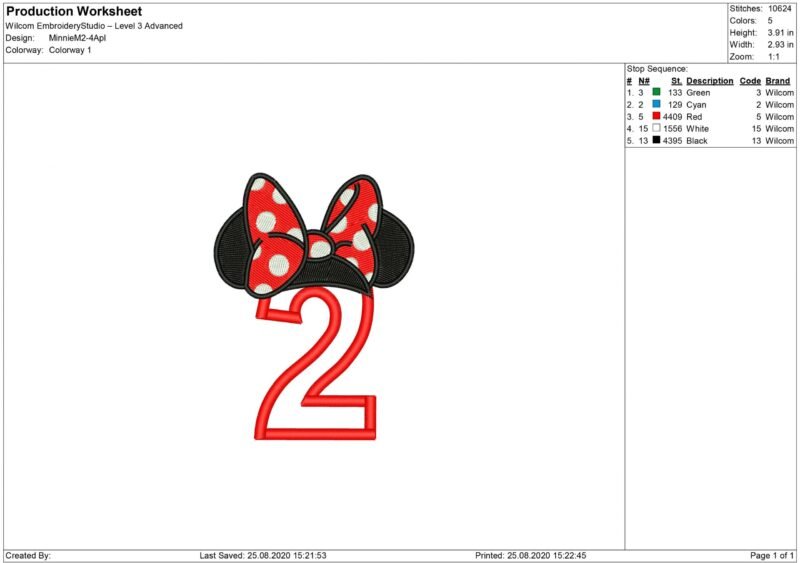 Number 2 Minnie Mouse Embroidery design