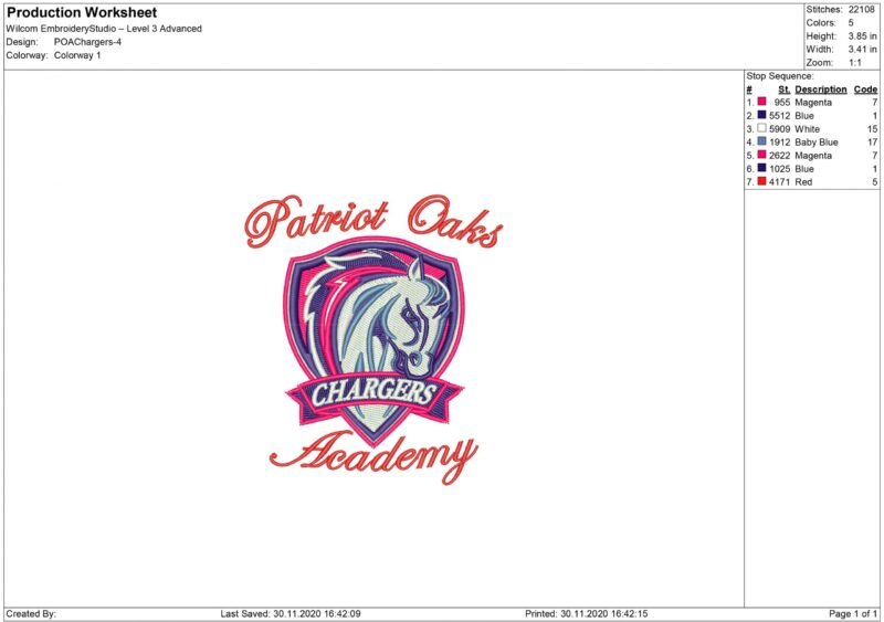 Patriot Oaks Academy Chargers Embroidery design