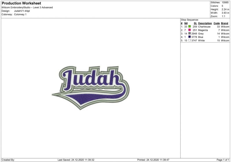 Judah Embroidery design and Applique files