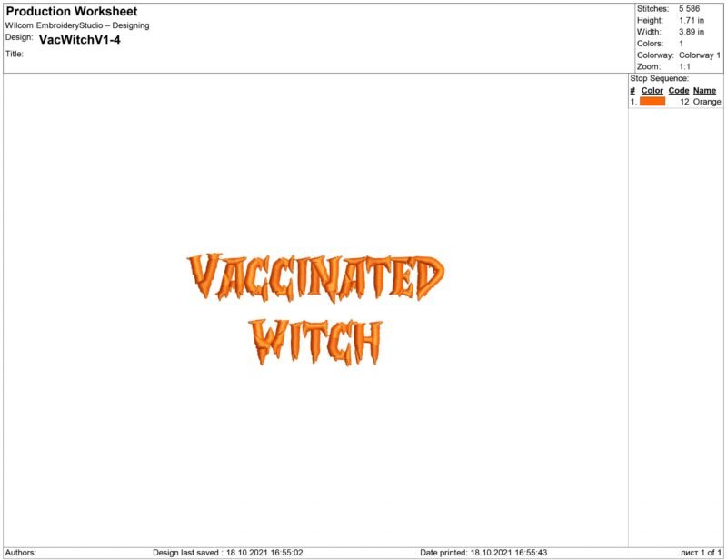 Halloween Vaccinated Witch Embroidery design