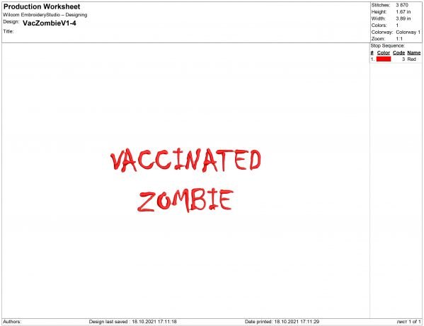 Vaccinated Zombie Embroidery design