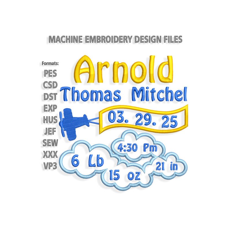 Airplane Birth Announcement Embroidery design