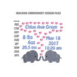 Elephants Baby Birth Announcement Embroidery desig