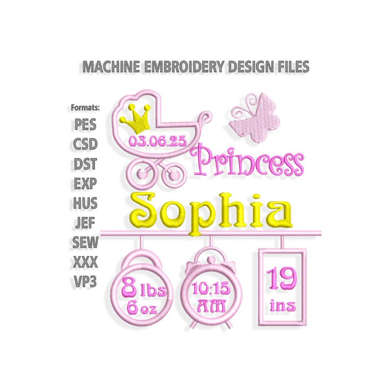 Princess Baby Birth Announcement Embroidery design