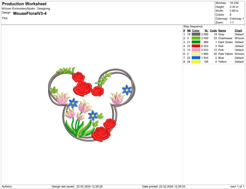 Flower silhouette Mickey Mouse embroidery design