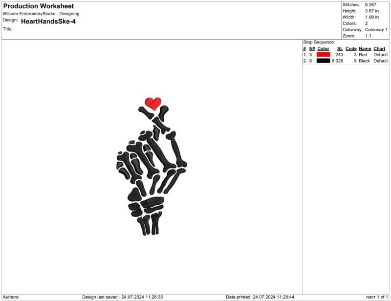 Skeleton heart hand Embroidery design