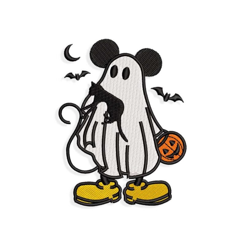 Mouse ghost holds the cat Halloween Embroidery design