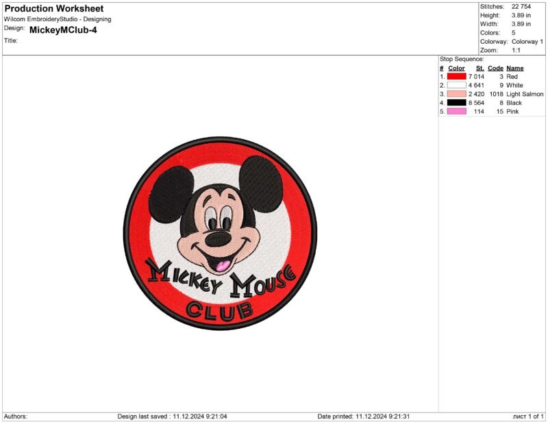 Mickey Mouse club Embroidery design