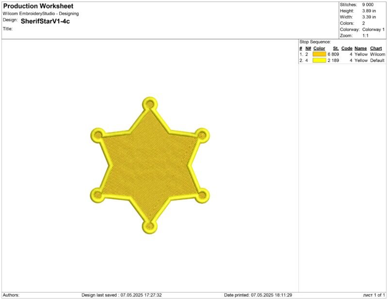 Sheriff star embroidery design