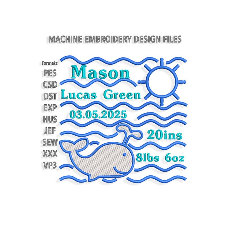 Whale Baby Birth Announcement Embroidery design