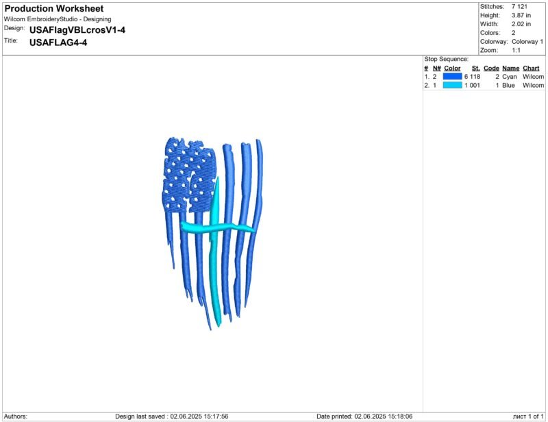 Vertical thin blue line flag with cross Embroidery design