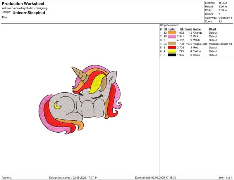 Sleeping baby unicorn embroidery design