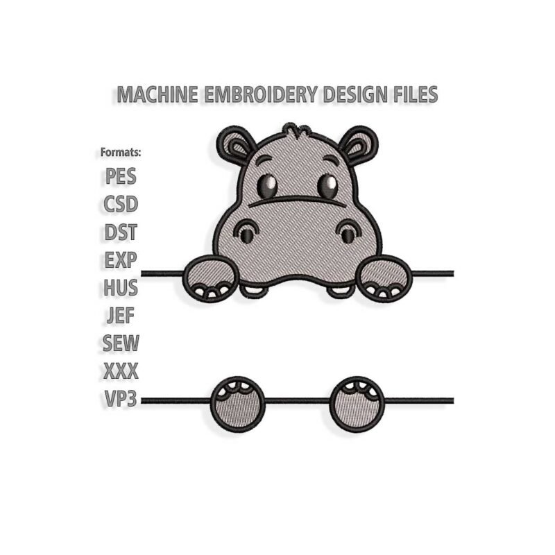 Hippo holds name frame Embroidery design
