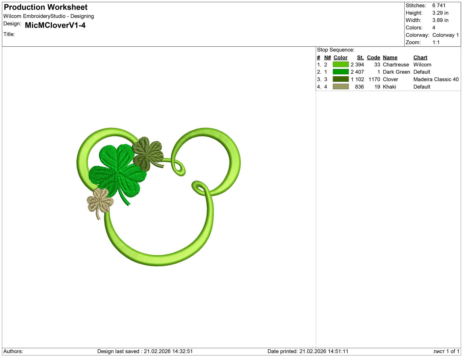 Mickey Mouse Silhouettes with Clover Embroidery design