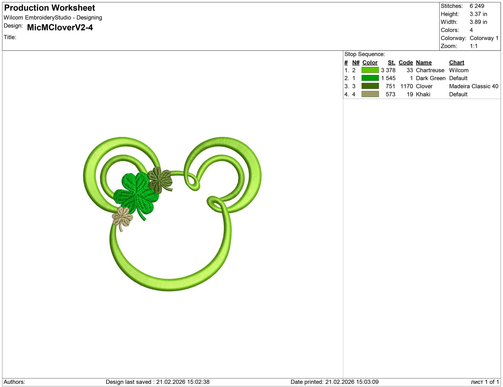 Mickey Mouse Silhouettes with Clover Embroidery design
