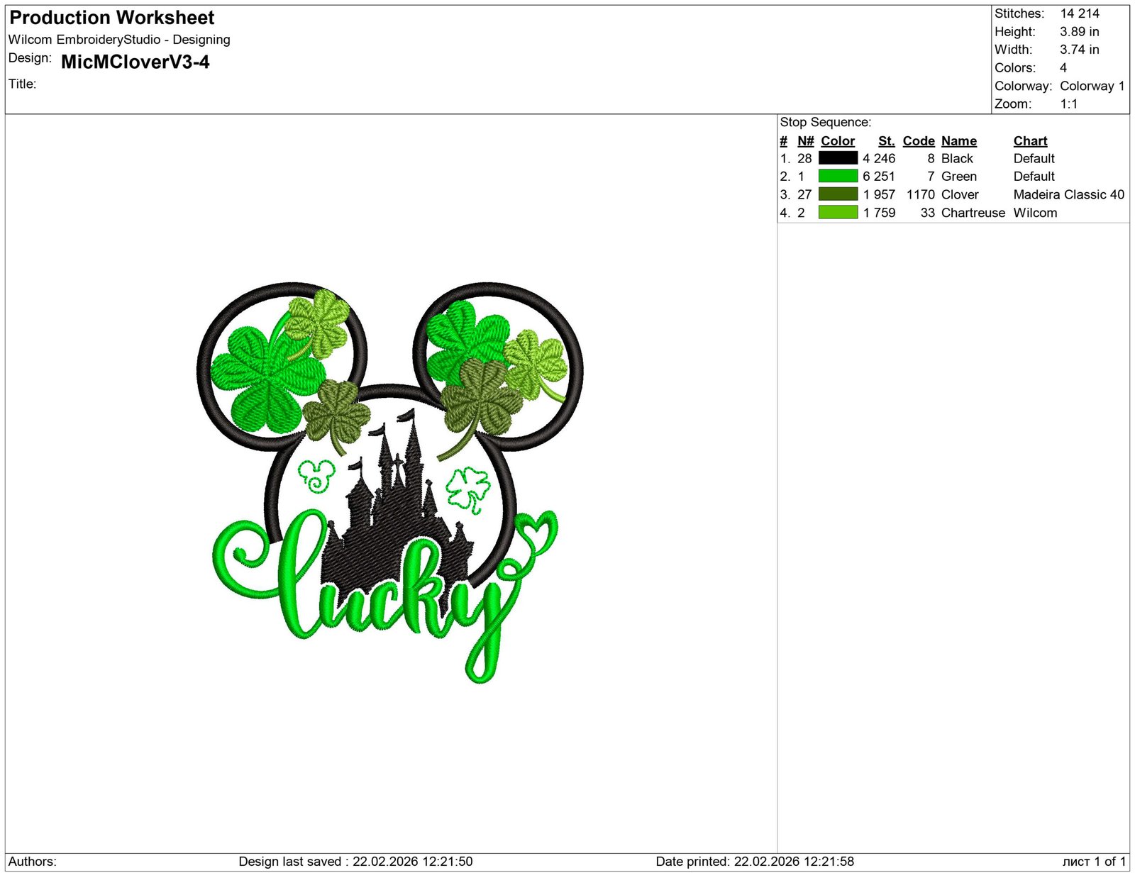 Mickey Mouse Lucky Clover Embroidery design