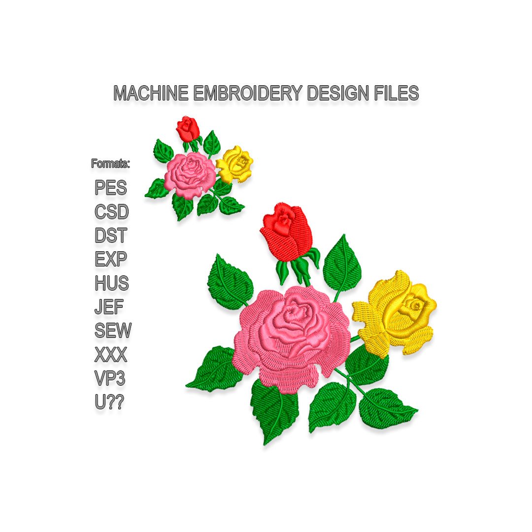 Three Different Colored Roses Embroidery design files